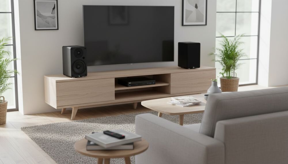 LAUDBERG S1 Pro aktywne kolumny podstawkowe stereo z przetwornikiem DAC 24-bit i mocą 100 W RMS, kolumny na komodzie w pomieszczeniu
