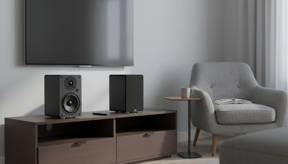 LAUDBERG S1 Pro aktywne kolumny stereo z wbudowanym zasilaniem sieciowym AC 100–240 V i mocą 100 W RMS, kolumny na komodzie w pomieszczeniu