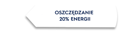 Obraz przedstawia biały kształt z tekstem \'OSZCZĘDZANIE 20% ENERGII\' w kolorze niebieskim.
