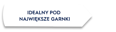 Obraz przedstawia biały prostokąt z czarną ramką, na którym znajduje się tekst: \'IDEALNY POD NAJWIĘKSZE GARNKI\'.