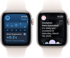 Dwa smartwatche z wyświetlonymi ekranami. Na jednym ekranie widoczny jest tekst: \'+0.2°C Within Typical Range\', a na drugim: \'Ovulation Date Estimated It\'s likely you ovulated on Saturday, March 29, 2025.\'.