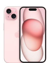Na obrazie widoczny jest różowy smartfon z dwoma aparatami z tyłu oraz ekranem z abstrakcyjną grafiką w odcieniach różu. Na obudowie znajduje się logo w kształcie nadgryzionego jabłka.