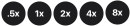 Pięć czarnych okrągłych ikon z białymi napisami: \'.5x\', \'1x\', \'2x\', \'4x\', \'8x\'.