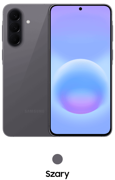 Galaxy A57 w kolorze szarym Obraz przedstawia smartfon z dużym ekranem, na którym widoczna jest abstrakcyjna grafika w odcieniach niebieskiego i fioletowego. Obok znajduje się tył urządzenia z trzema aparatami i logo \'SAMSUNG\', poniżej napis \'Szary\'.