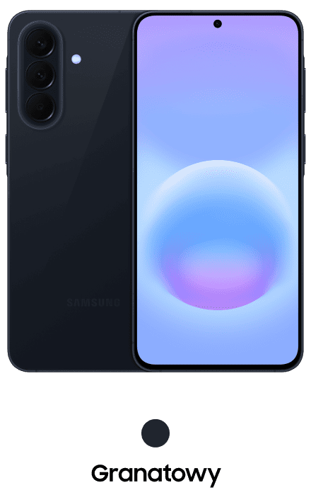 Galaxy A57 w kolorze granatowym Obraz przedstawia smartfon w kolorze granatowym z trzema aparatami z tyłu i ekranem z wyświetlonym gradientem niebiesko-fioletowym. Pod urządzeniem znajduje się napis \'Granatowy\'.