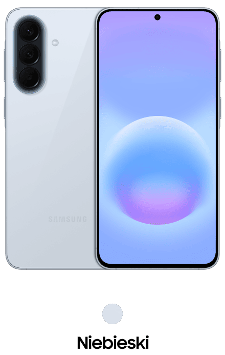 Galaxy A57 w kolorze niebieskim Smartfon z wyświetlaczem o niebieskim tle i gradientowym okręgiem, obok widoczny tył urządzenia z trzema aparatami i logo SAMSUNG. Pod spodem napis \'Niebieski\'.