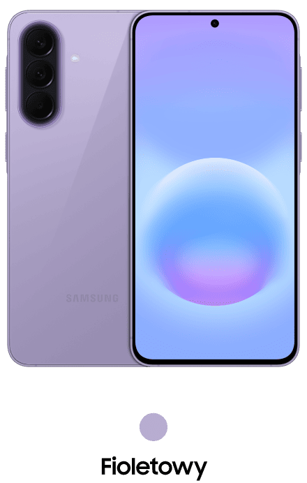 Galaxy A57 w kolorze fioletowym Obraz przedstawia fioletowy smartfon z trzema aparatami z tyłu i ekranem z okrągłym wycięciem na aparat z przodu. Pod urządzeniem znajduje się napis \'Fioletowy\'.