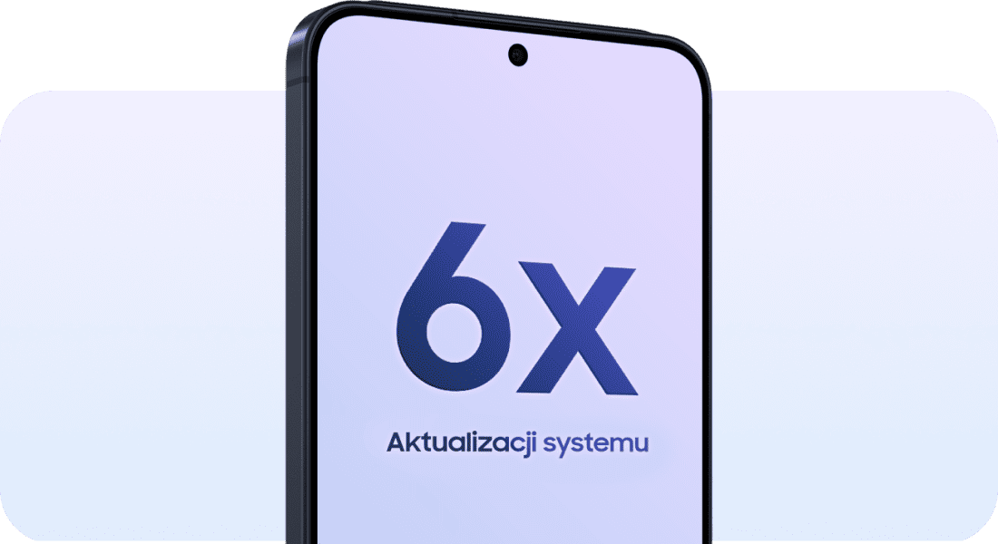Galaxy A57 5G w granatowym kolorze, z przodu; na ekranie napis: „6x ulepszenia systemu operacyjnego” Na ekranie smartfona widoczny jest napis \'6x Aktualizacji systemu\'.