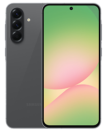 Galaxy A56 w kolorze szarym Na obrazie widoczny jest smartfon z dużym ekranem i trzema aparatami z tyłu. Obudowa jest w ciemnym kolorze, a ekran wyświetla gradientowe tło w odcieniach zieleni i różu.