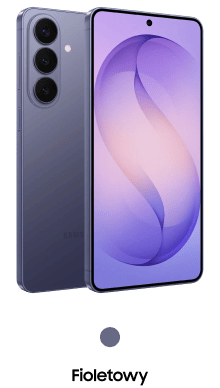Packshot Galaxy S26+ w kolorze fioletowym Smartfon w kolorze fioletowym z trzema aparatami z tyłu i wyświetlaczem z okrągłym wycięciem na aparat przedni. Pod spodem widoczny jest napis \'Fioletowy\'.