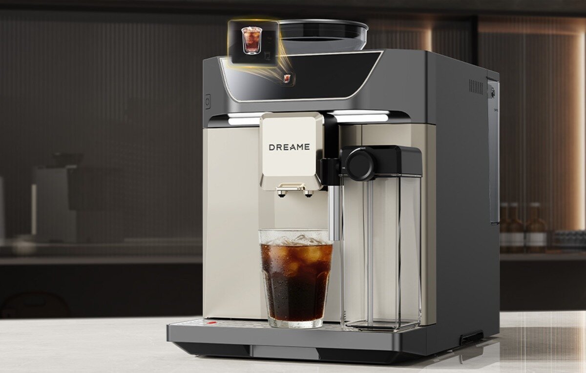 Ekspres DREAME Ecceluxe Master Coffee FCM60 Ekspres do kawy Dreame z pojemnikiem na mleko i szklanką mrożonej kawy z lodem na tacy ociekowej