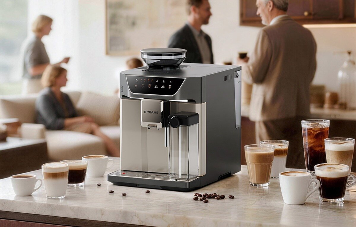 Ekspres DREAME Ecceluxe Master Coffee FCM60 Ekspres do kawy Dreame na stole, filiżanki z napojami i ziarenka kawy oraz rozmawiające osoby w tle