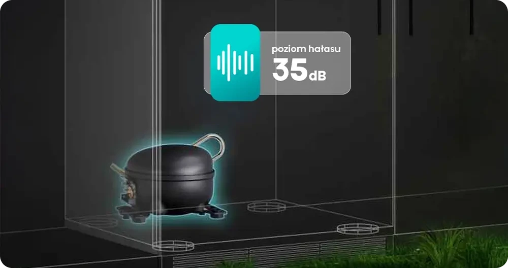 Obraz przedstawia wnętrze lodówki z widocznym czarnym kompresorem. Obok znajduje się ikona z napisem \'poziom hałasu 35 dB\'.