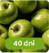 Obraz przedstawia kilka zielonych jabłek z kroplami wody. Na pierwszym planie widoczny jest zielony prostokąt z napisem \'40 dni\'.