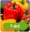 Kolorowe papryki w tle z zielonym napisem \'7 dni\' na pierwszym planie.