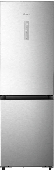 Lodówka w kolorze stali nierdzewnej z dwoma drzwiami, górnym większym i dolnym mniejszym. Na górnych drzwiach widoczne jest logo \'Hisense\' oraz panel sterowania z przyciskami i wyświetlaczem.