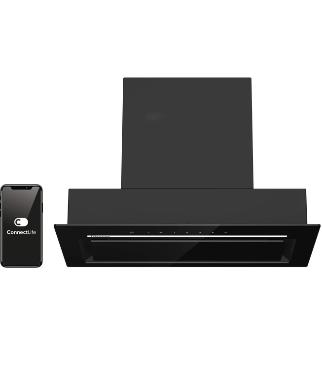 Czarny okap kominowy Hisense CH6BI7236BG z podświetlanym panelem obok smartfona z logo ConnectLife