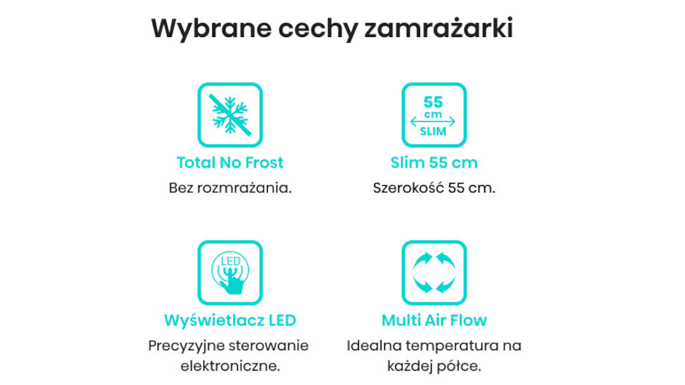 Grafika przedstawia cztery ikony z opisami cech zamrażarki: \'Total No Frost - Bez rozmrażania\', \'Slim 55 cm - Szerokość 55 cm\', \'Wyświetlacz LED - Precyzyjne sterowanie elektroniczne\', \'Multi Air Flow - Idealna temperatura na każdej półce\'.