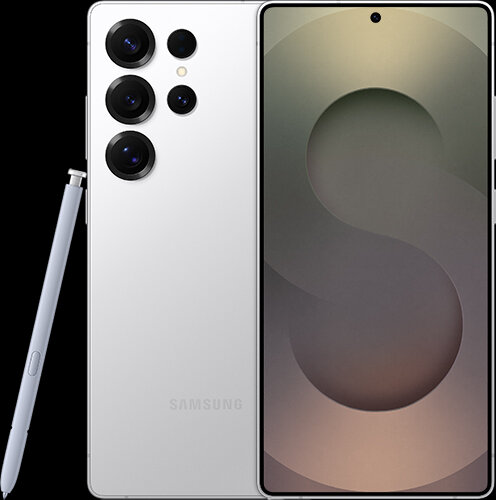 Smartfon z dużym ekranem i czterema aparatami z tyłu, obok znajduje się rysik. Na obudowie widoczne jest logo \'SAMSUNG\'.