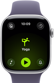 Zegarek z wyświetlaczem pokazującym ikonę jogi i tekst \'Yoga\'. Widoczna jest godzina 10:09 oraz ikony funkcji wokół ekranu.