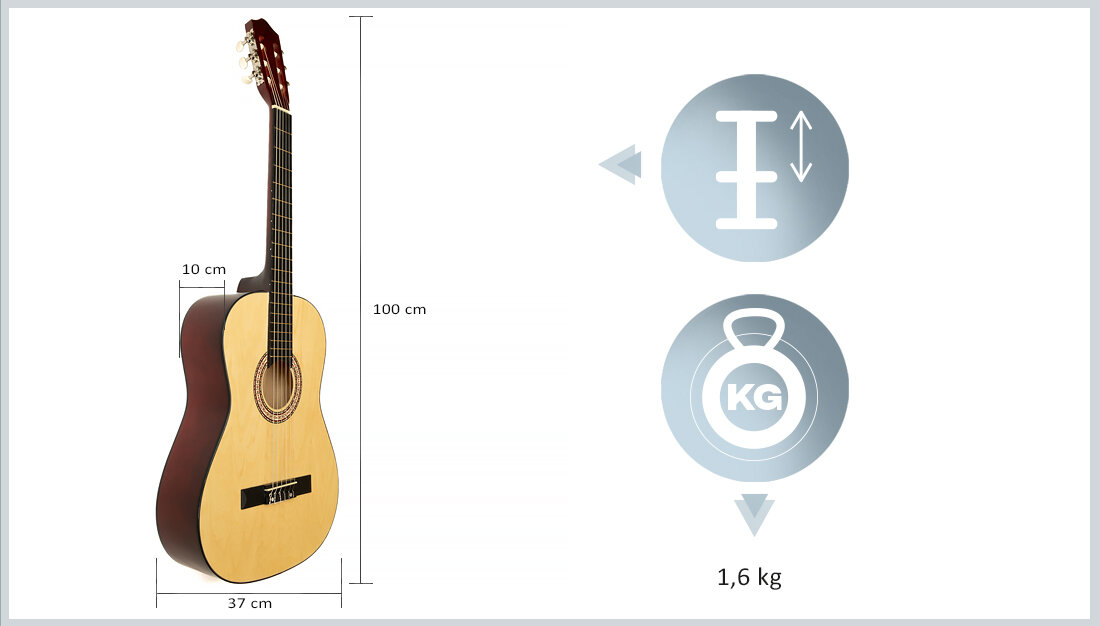 Obraz przedstawia klasyczną gitarę z wymiarami: wysokość 100 cm, szerokość 37 cm, głębokość 10 cm. Obok znajduje się ikona z symbolem wysokości oraz waga 1,6 kg.