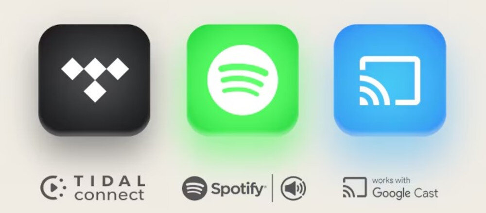 Obraz przedstawia trzy ikony aplikacji: Tidal Connect na czarnym tle, Spotify na zielonym tle i Google Cast na niebieskim tle. Pod ikonami znajdują się napisy: \'TIDAL connect\', \'Spotify\' oraz \'works with Google Cast\'.