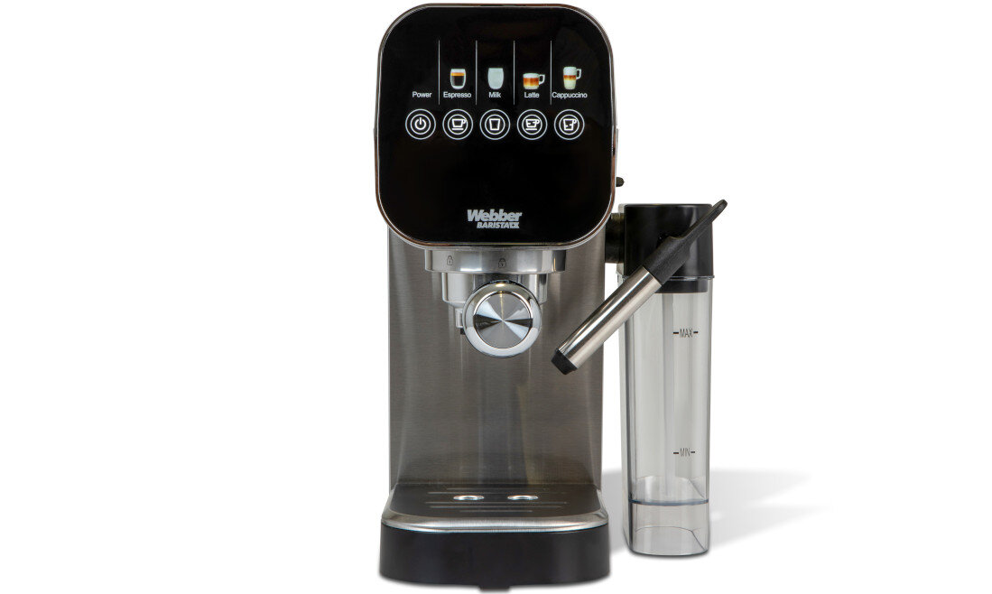Na obrazie widoczny jest ekspres do kawy z panelem sterowania, na którym znajdują się ikony i napisy: Power, Espresso, Milk, Latte, Cappuccino. Logo na urządzeniu to \'Webber BARBOSA\'.