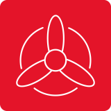 Czerwony kwadrat z białym symbolem wentylatora składającym się z trzech łopatek i dwóch okręgów.