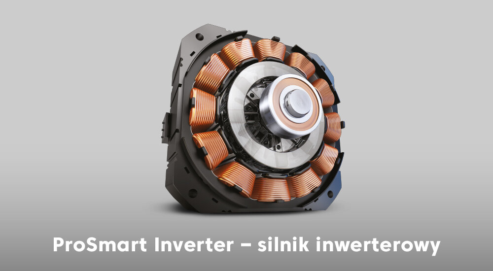 Obraz przedstawia silnik inwerterowy z widocznymi miedzianymi zwojami. Na dole znajduje się tekst: \'ProSmart Inverter – silnik inwerterowy\'.