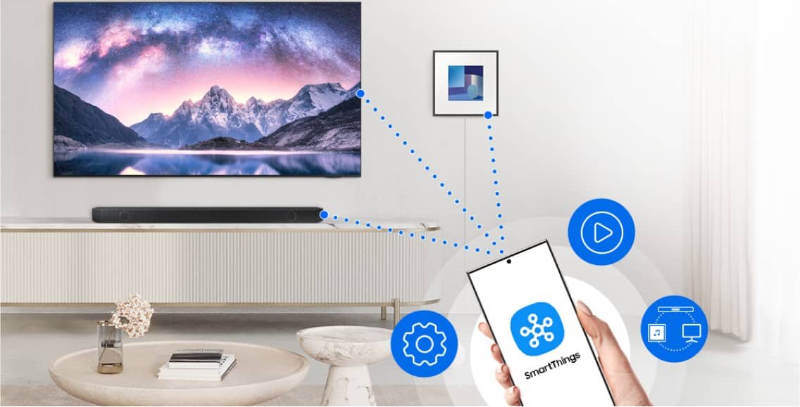 Na obrazie widać salon z dużym telewizorem na ścianie, pod którym znajduje się soundbar. W ręce trzymany jest smartfon z aplikacją SmartThings, a wokół niego widoczne są ikony symbolizujące różne funkcje.