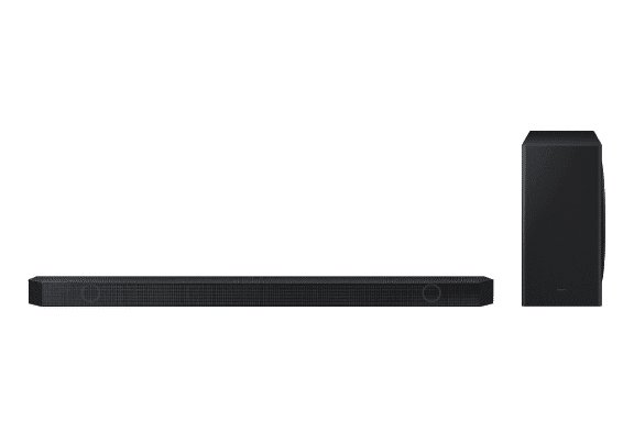 Na obrazie widoczny jest czarny soundbar oraz bezprzewodowy subwoofer. Oba urządzenia mają prosty, nowoczesny design.