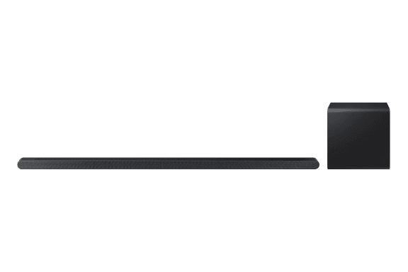 Na obrazie widoczny jest czarny soundbar oraz bezprzewodowy subwoofer. Oba elementy są proste i nowoczesne w designie.
