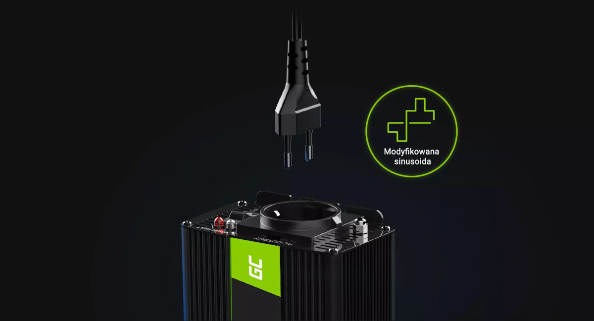 Obraz przedstawia przetwornicę z logo \'GC\' oraz wtyczkę elektryczną nad nią. Obok znajduje się symbol modyfikowanej sinusoidy z napisem \'Modyfikowana sinusoida\'.