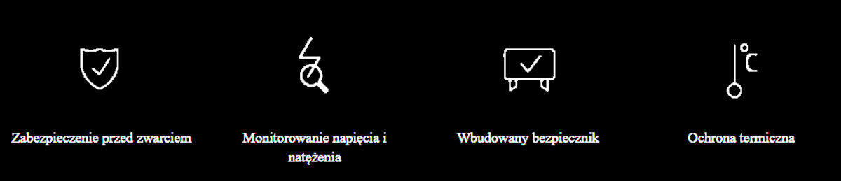 Obraz przedstawia cztery ikony z podpisami: \'Zabezpieczenie przed zwarciem\', \'Monitorowanie napięcia i natężenia\', \'Wbudowany bezpiecznik\', \'Ochrona termiczna\'.