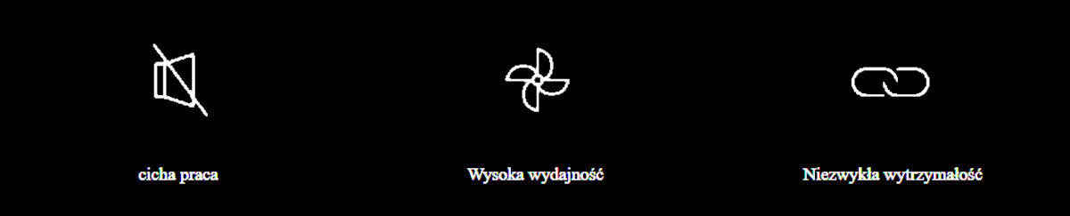 Obraz przedstawia trzy ikony na czarnym tle: przekreślony głośnik z napisem \'cicha praca\', wiatrak z napisem \'Wysoka wydajność\' oraz łańcuch z napisem \'Niezwykła wytrzymałość\'.