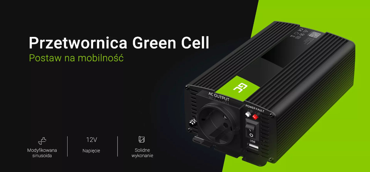Obraz przedstawia przetwornicę Green Cell z napisem \'Postaw na mobilność\'. Widoczne są ikony z opisami: \'Modyfikowana sinusoida\', \'12V Napięcie\', \'Solidne wykonanie\'.