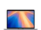 Laptop z wyświetlaczem pokazującym kolorowy gradient w odcieniach pomarańczowego i niebieskiego. Obudowa jest w kolorze srebrnym.