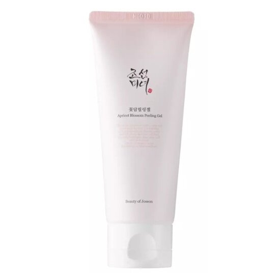 Biała tubka z różową zakrętką, na której widnieje tekst: \'Apricot Blossom Peeling Gel\' oraz \'Beauty of Joseon\'.