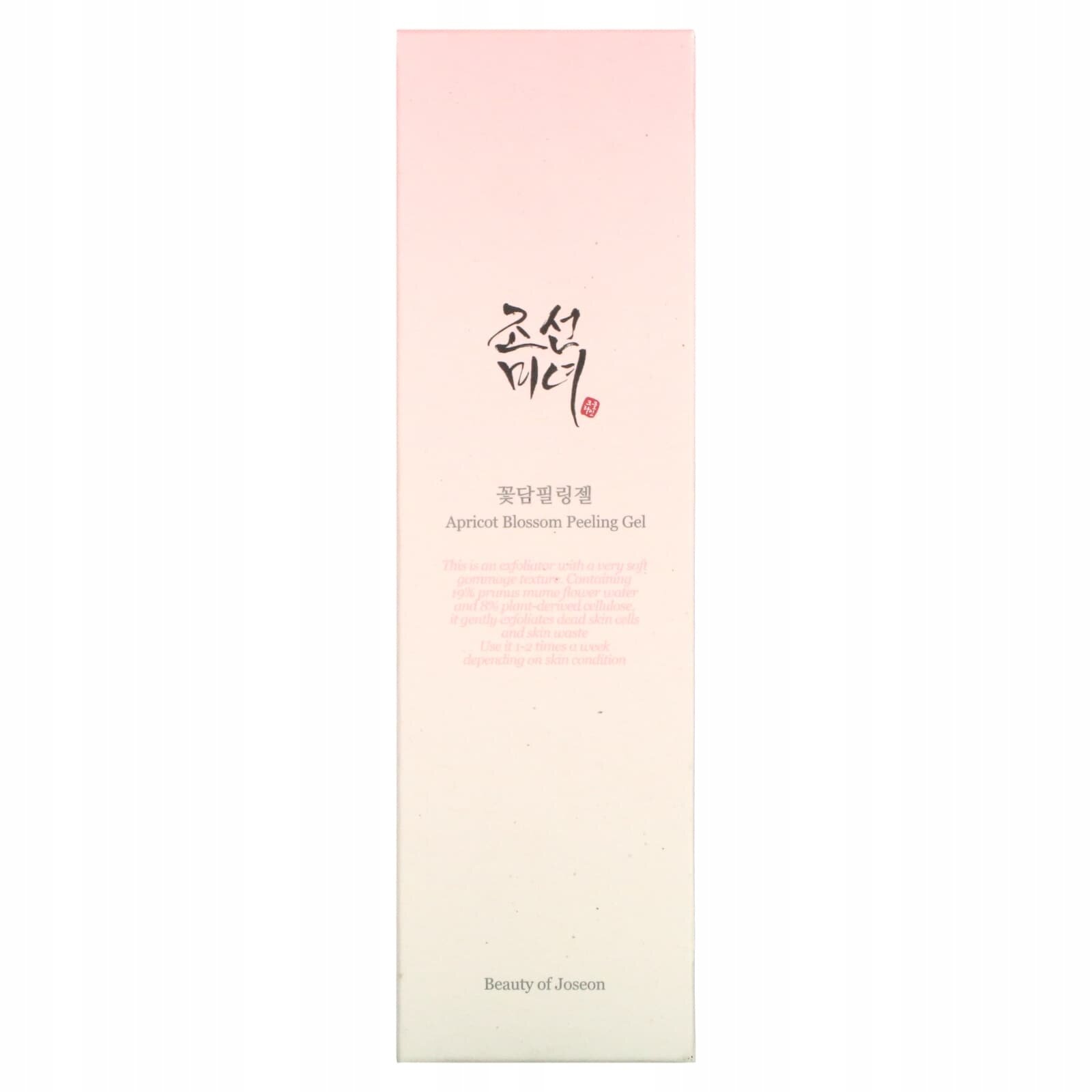 Opakowanie produktu z napisem \'Apricot Blossom Peeling Gel\' oraz \'Beauty of Joseon\'. Tło jest gradientowe, przechodzące z różowego do białego.