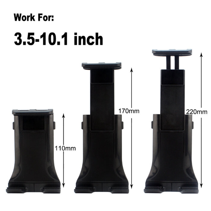 Obraz przedstawia trzy uchwyty samochodowe do tabletów o regulowanej wysokości: 110 mm, 170 mm i 220 mm. Na górze widoczny jest tekst: \'Work For: 3.5-10.1 inch\'.