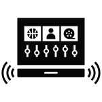150x150-smartsound Ikona przedstawia ekran z trzema symbolami i suwakami poniżej, z falami dźwiękowymi po bokach.