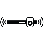 150x150-sounbar Czarna ikona przedstawiająca soundbar z subwooferem i falami dźwiękowymi po obu stronach.
