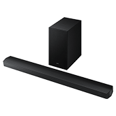 170x170 hw-b750f Na obrazie widoczny jest czarny soundbar oraz bezprzewodowy subwoofer. Oba urządzenia mają prosty, nowoczesny design.