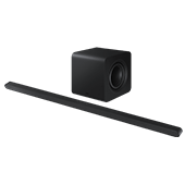 170x170 hw-s800d en Na obrazie widoczny jest czarny soundbar oraz bezprzewodowy subwoofer. Oba urządzenia mają prosty, nowoczesny design.