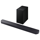 170x170 q600f Na obrazie widoczny jest czarny soundbar oraz bezprzewodowy subwoofer. Oba urządzenia mają prosty, nowoczesny design.