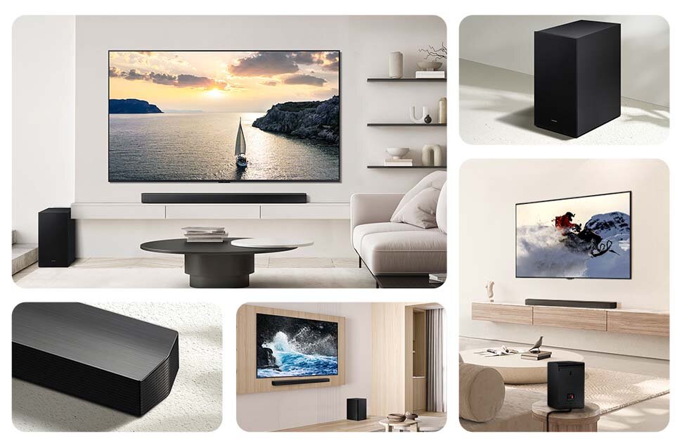 970x637 pc mozaikab750 Na obrazie widać nowoczesne wnętrze z dużym telewizorem na ścianie, pod którym znajduje się soundbar. Obok telewizora stoi czarny subwoofer, a na innych zdjęciach widać różne aranżacje z tym samym sprzętem audio.
