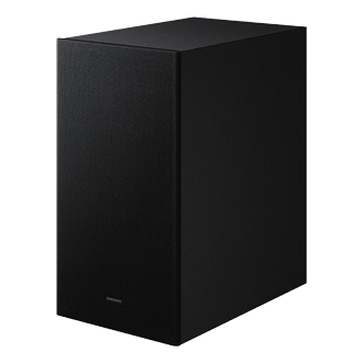Czarny, prostokątny subwoofer z widocznym logo \'SAMSUNG\' na dolnej części przedniego panelu.