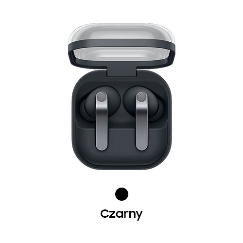 Na obrazie widoczne są czarne słuchawki dokanałowe w otwartym etui. Poniżej znajduje się napis \'Czarny\'.