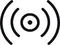 Czarny symbol z centralnym okręgiem otoczonym trzema parami koncentrycznych łuków, przypominający ikonę sygnału radiowego.