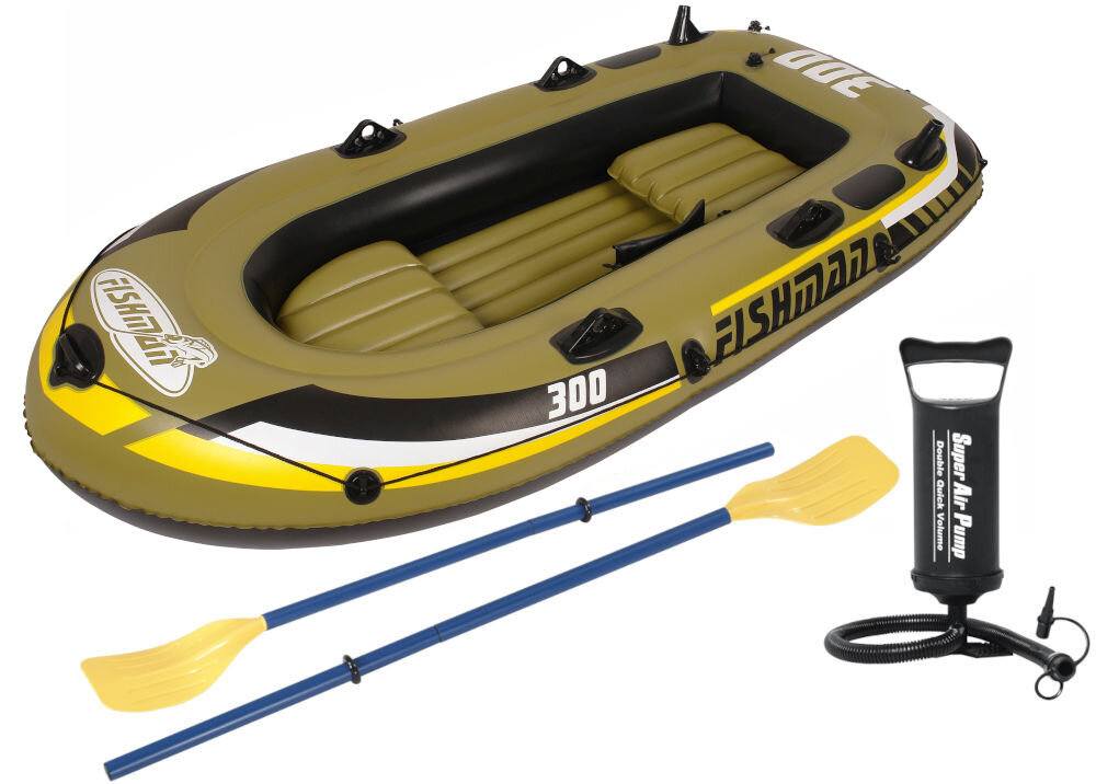 Na obrazie znajduje się zielono-żółty ponton z napisem \'FISHMAN 300\' oraz dwie niebieskie wiosła i czarna pompka z napisem \'Super Air Pump\'.